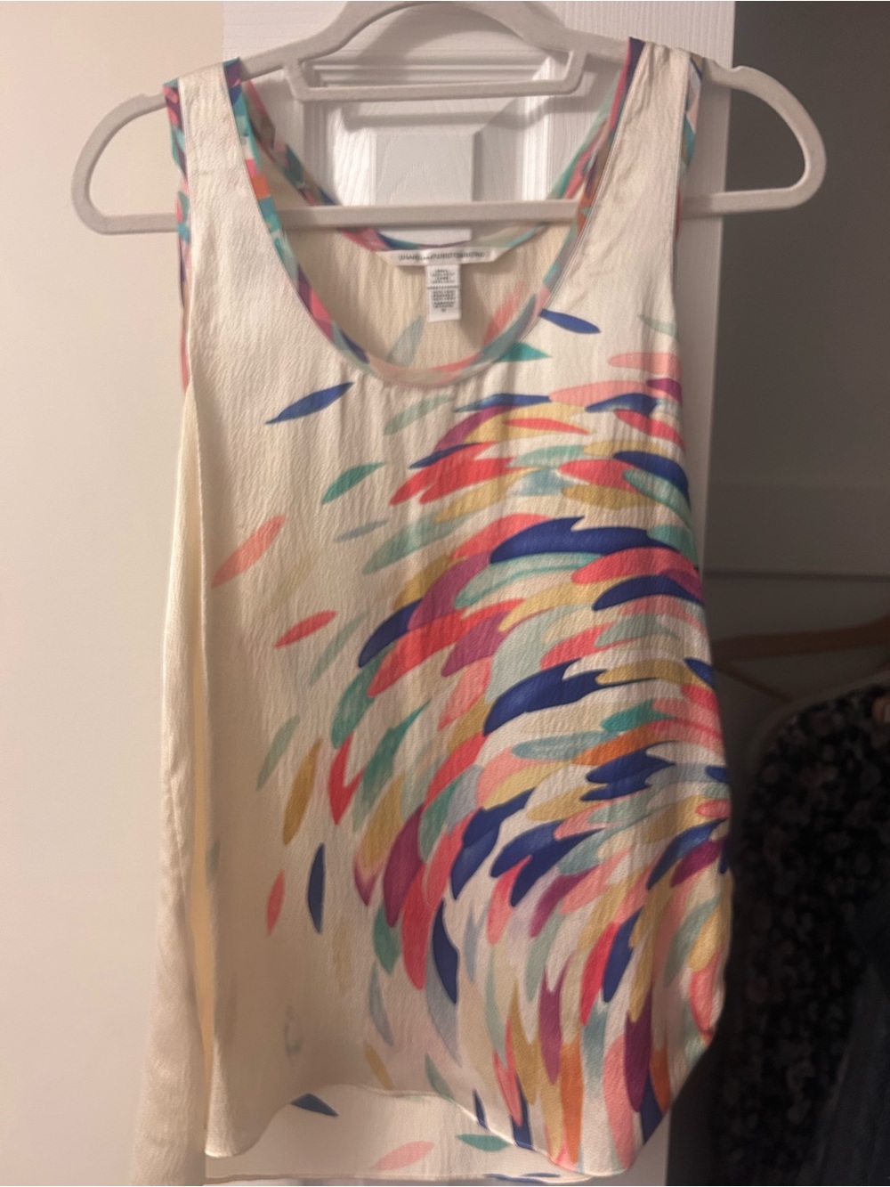 Diane Von Furstenberg Cream Tank Top with Multicolor Swirl Print